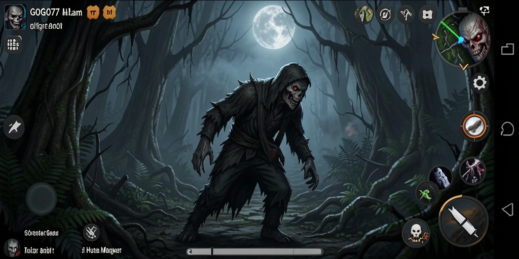 Tampilan gameplay GOGO77 yang mencekam di tengah kegelapan hutan.