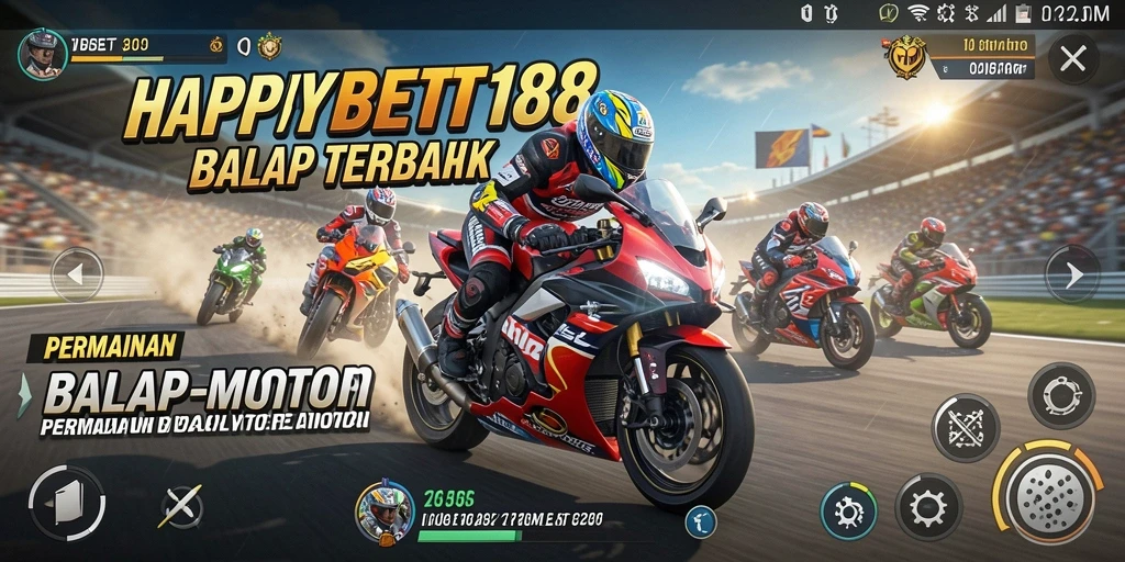 Screenshot utama gameplay <strong>HAPPYBET188</strong> menampilkan balapan motor yang seru dan mendebarkan.