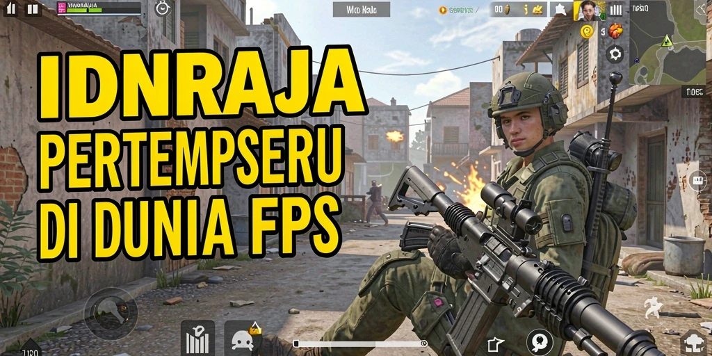 Tangkapan layar game IDNRAJA menampilkan aksi tembak-menembak intens di medan perang.