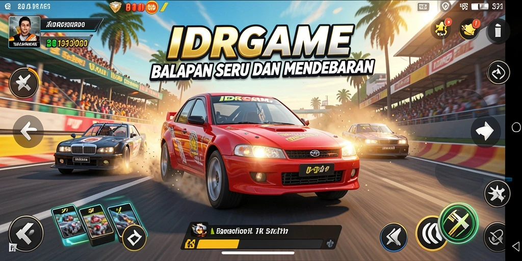 Screenshot gameplay IDRGAME menampilkan aksi balapan yang mendebarkan.