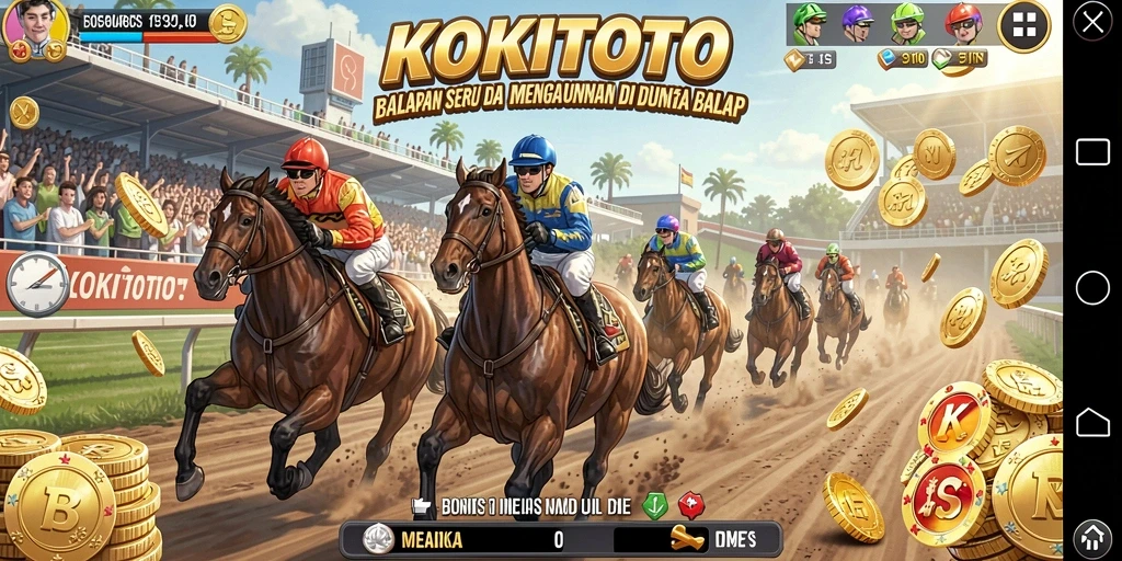 Tampilan gameplay seru KOKITOTO dengan mobil balap di lintasan.