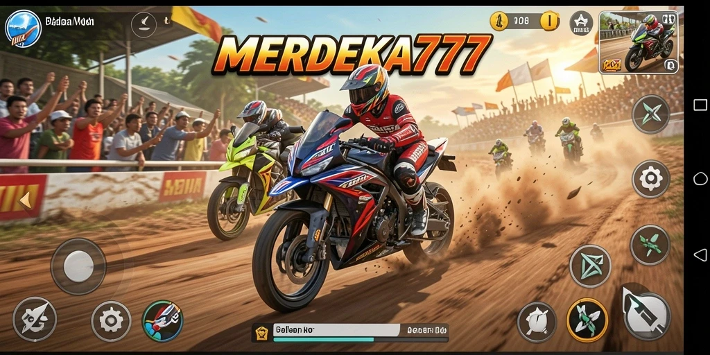 Tampilan gameplay seru di MERDEKA777 saat balapan motor.