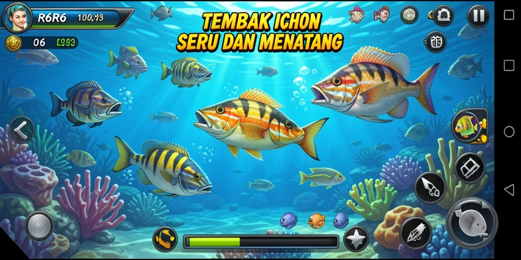 Screenshot menunjukkan aksi menangkap ikan dalam permainan Tembak Ikan.