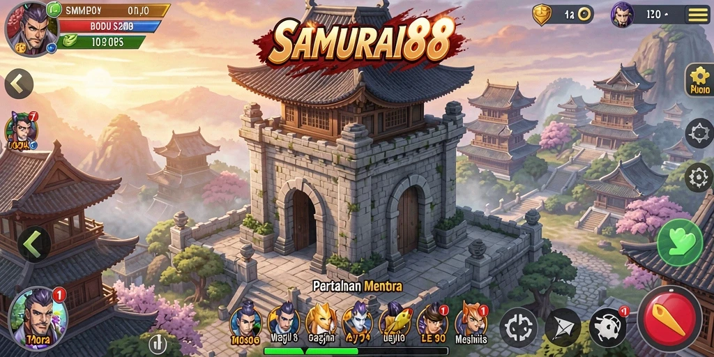 Tampilan gameplay <strong>SAMURAI88</strong> menampilkan menara dan serangan musuh yang mengagumkan.