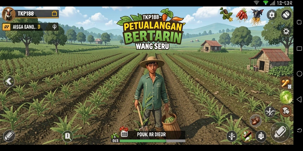 Screenshot gameplay TKP188 menunjukkan suasana pertanian yang ceria dan interaktif.