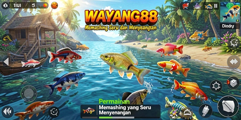 Screenshot utama dari WAYANG88 menampilkan gameplay memancing yang seru.