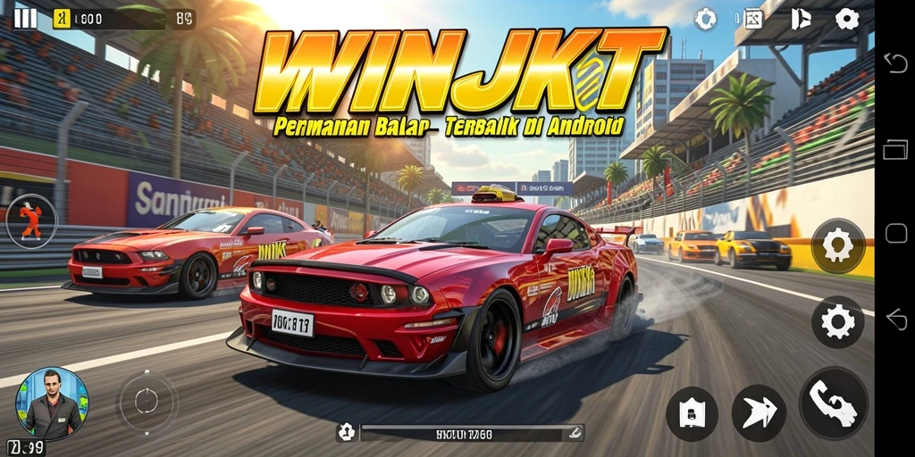 Tangkapan layar gameplay <strong>WINJKT</strong> yang menunjukkan balapan mendebarkan di lintasan penuh rintangan.