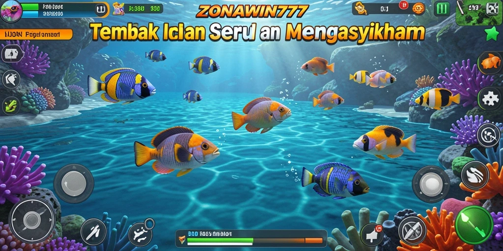 Tangkapan layar gameplay ZONAWIN777 dengan ikan berwarna-warni dan senjata yang menarik.